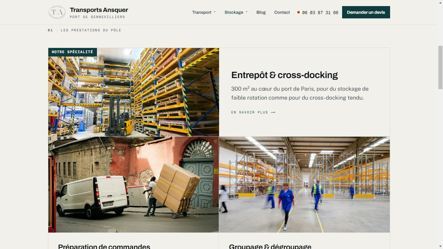 Page Stockage du nouveau site : les prestations du pôle, entrepôt et cross-docking, préparation de commandes, groupage et dégroupage, chacune illustrée et décrite.